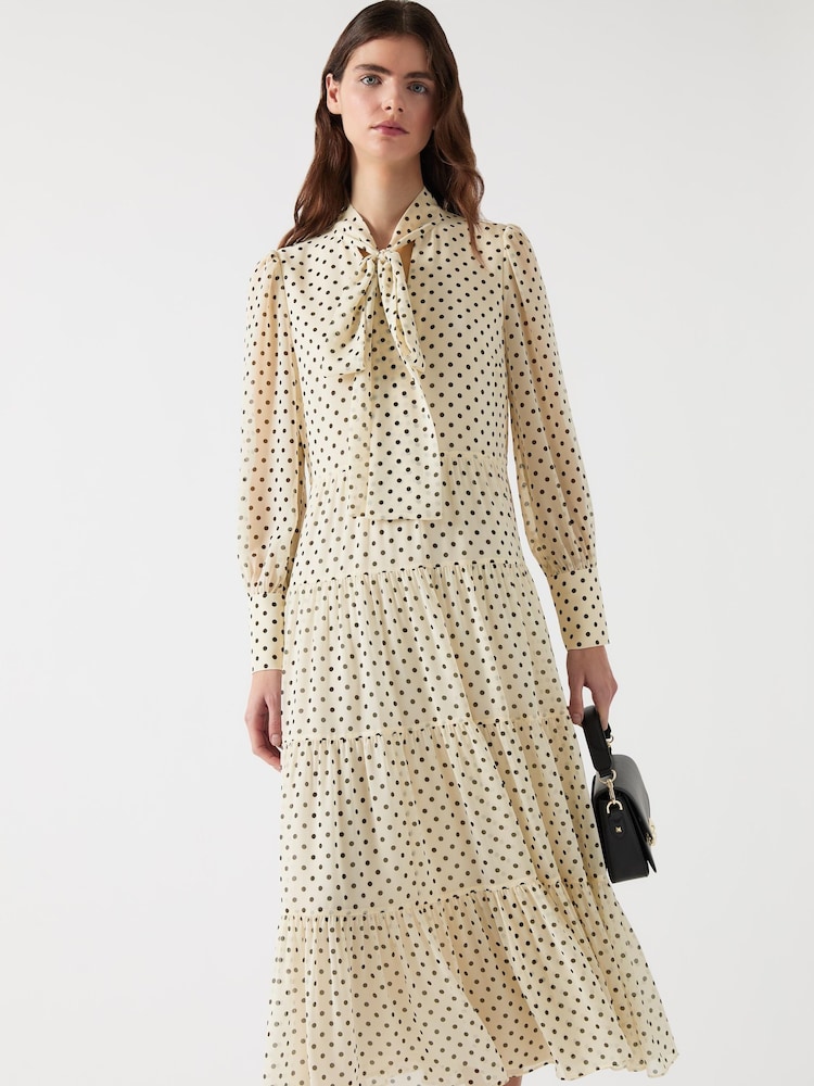 LK Bennett Cream Polly Birch Tie Neck Long Sleeve Georgette Dress - Image 3 of 4