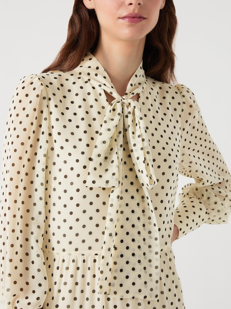 LK Bennett Cream Polly Birch Tie Neck Long Sleeve Georgette Dress - Image 4 of 4