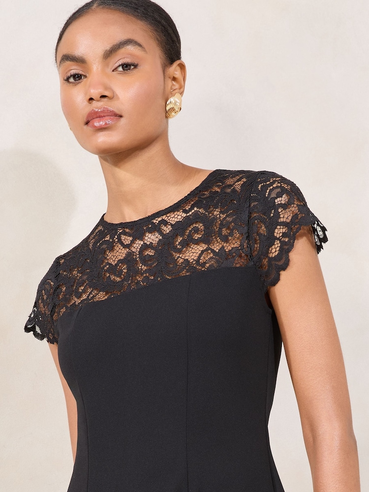 Lipsy Black Lace Mix Mini Skater Dress - Image 2 of 5