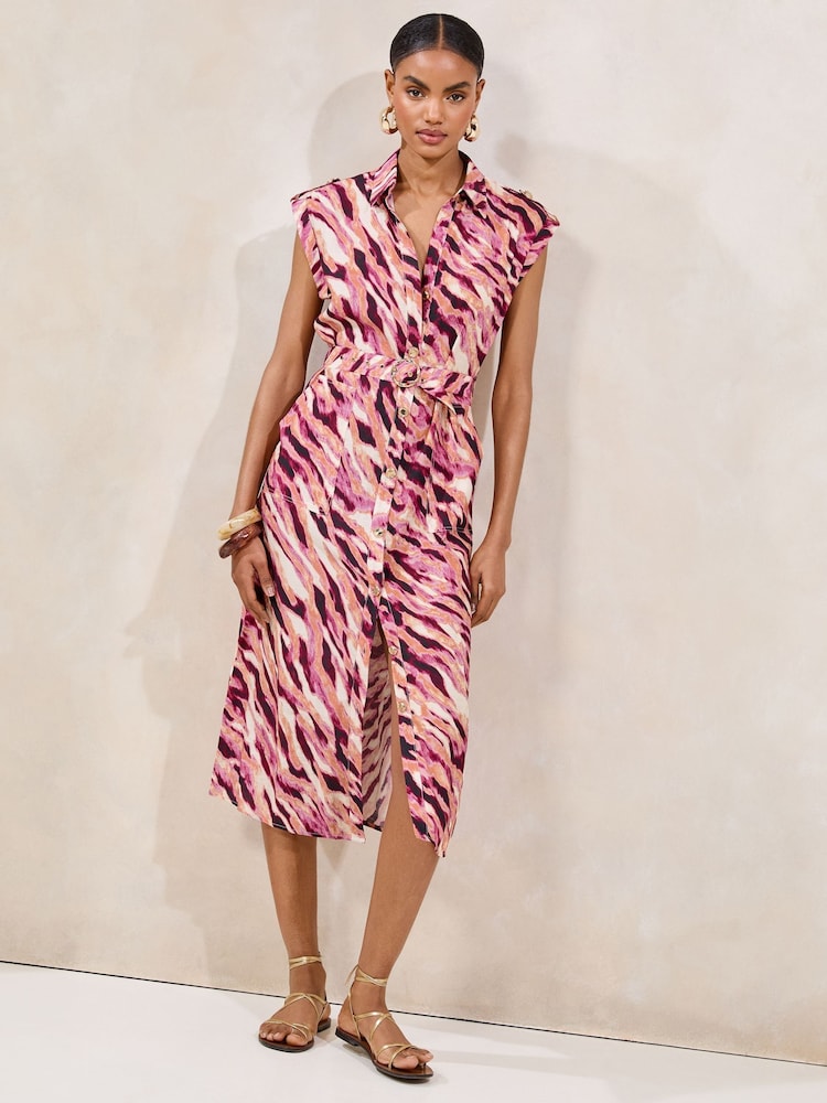 Lipsy Pink Animal Short Sleeve Linen Look Button Down Midi Shirt Dress - Image 1 of 4