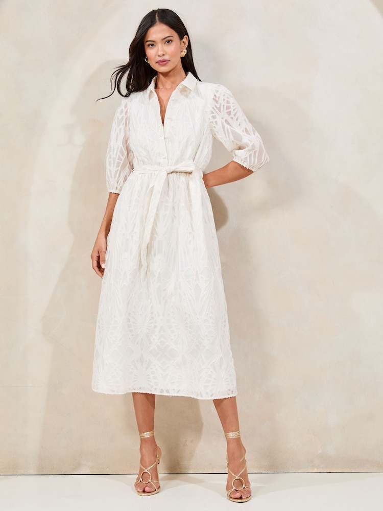 Lipsy White Textured Belted Midi Shirt Dress - Image 1 of 4