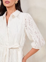 Lipsy White Textured Belted Midi Shirt Dress - Image 2 of 4