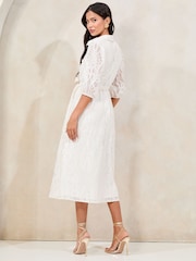 Lipsy White Textured Belted Midi Shirt Dress - Image 4 of 4
