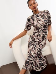 Lipsy Neutral Zebra Print Miitary Button Short Sleeve Midi Jersey Dress - Image 2 of 4