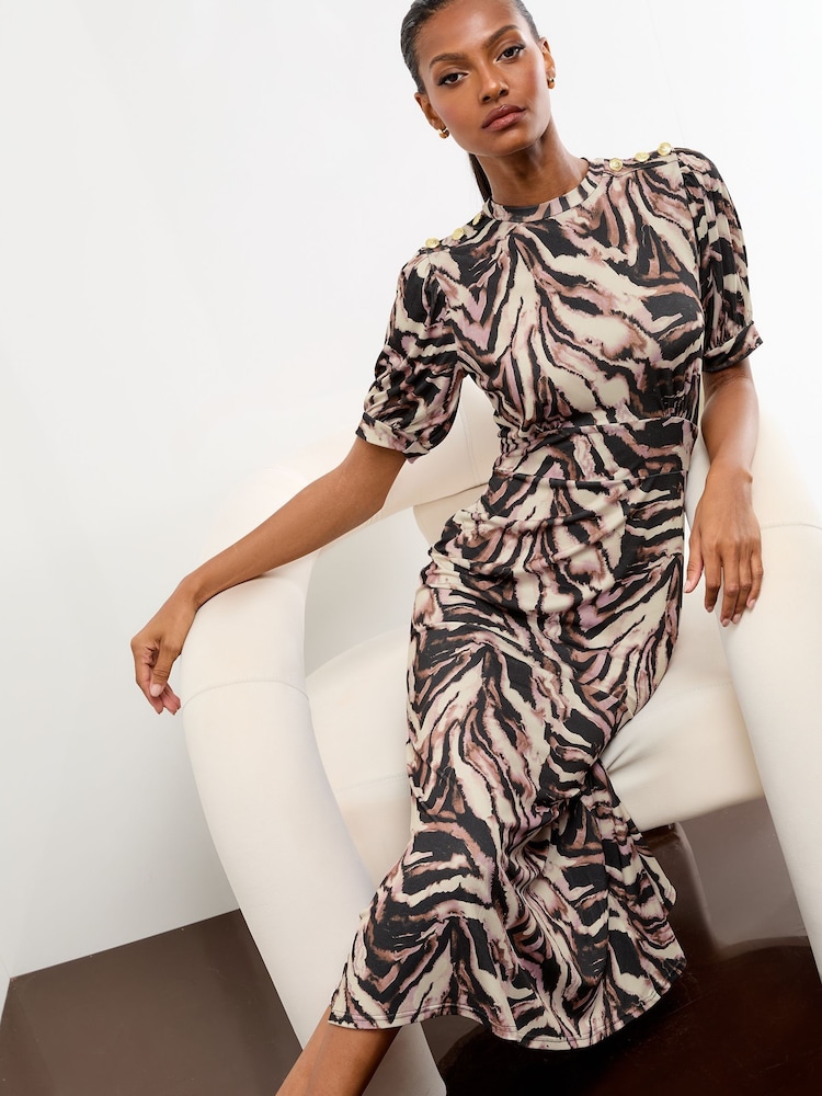 Lipsy Neutral Zebra Print Miitary Button Short Sleeve Midi Jersey Dress - Image 2 of 4