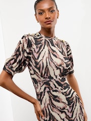 Lipsy Neutral Zebra Print Miitary Button Short Sleeve Midi Jersey Dress - Image 3 of 4