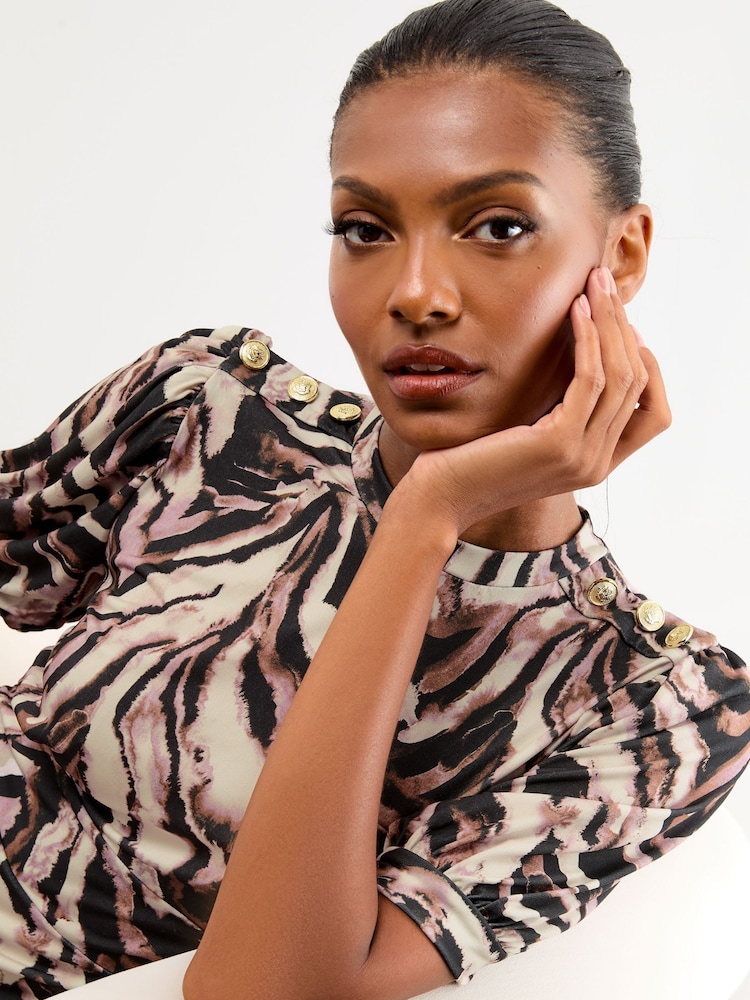 Lipsy Neutral Zebra Print Miitary Button Short Sleeve Midi Jersey Dress - Image 4 of 4