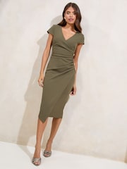 Lipsy Khaki Green Short Sleeve Ruched Asymetric Detail Midi Dress - Image 1 of 4