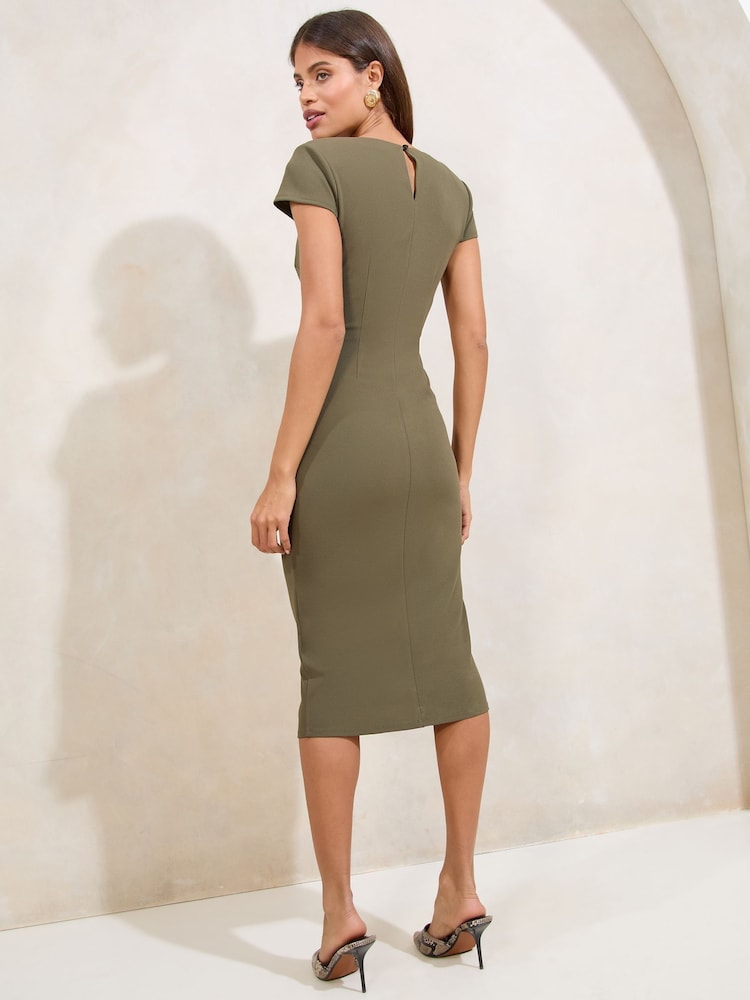 Lipsy Khaki Green Short Sleeve Ruched Asymetric Detail Midi Dress - Image 4 of 4