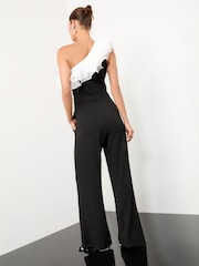 Lipsy Blue/White Ruffle One Shoulder Jumpsuit - Image 4 of 4