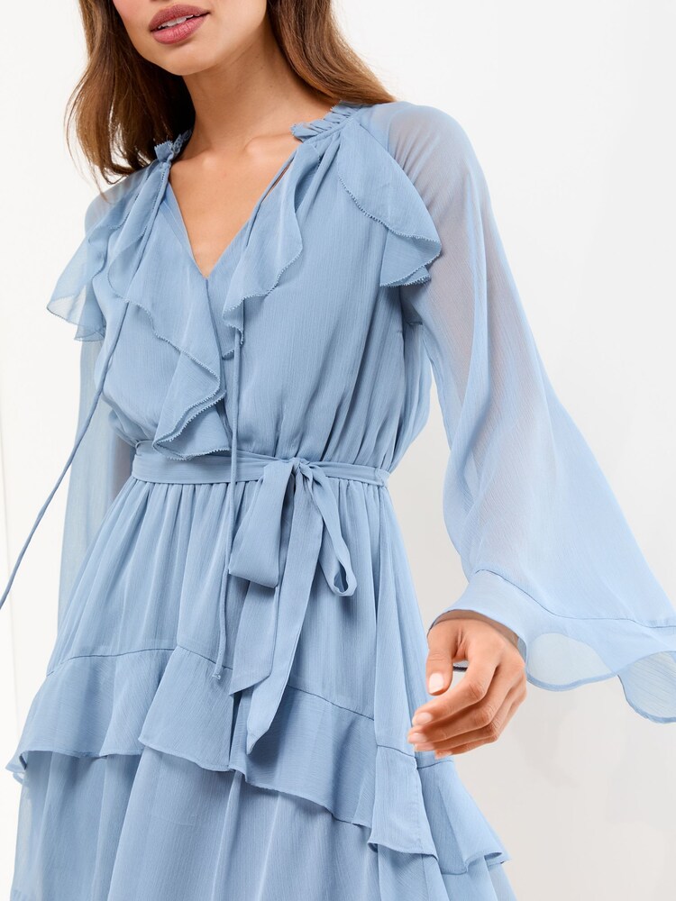 Lipsy Blue Petite Long Sleeve V-Neck Ruffle Mini Dress - Image 2 of 4