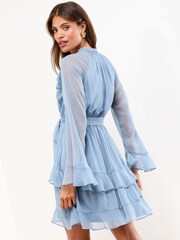 Lipsy Blue Petite Long Sleeve V-Neck Ruffle Mini Dress - Image 4 of 4