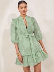 Lipsy Green Textured 3/4 Sleeve Belted Mini Shirt Dress - Image 1 of 4