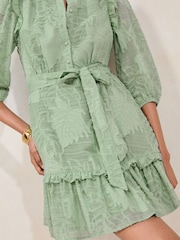 Lipsy Green Textured 3/4 Sleeve Belted Mini Shirt Dress - Image 2 of 4