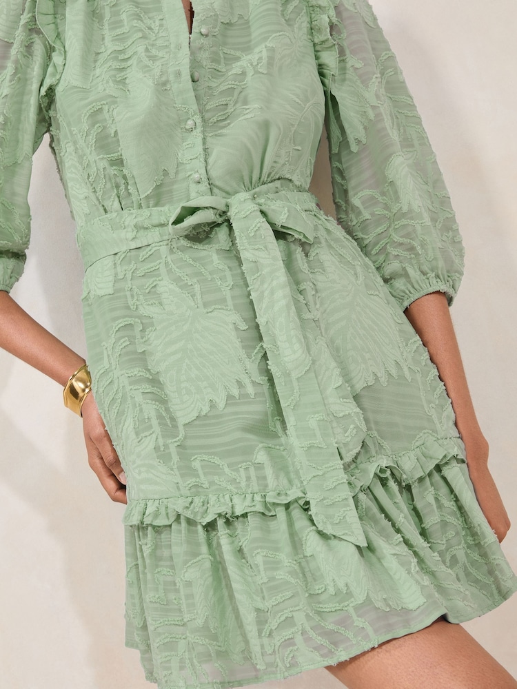 Lipsy Green Textured 3/4 Sleeve Belted Mini Shirt Dress - Image 2 of 4