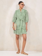 Lipsy Green Textured 3/4 Sleeve Belted Mini Shirt Dress - Image 3 of 4