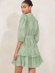 Lipsy Green Textured 3/4 Sleeve Belted Mini Shirt Dress - Image 4 of 4