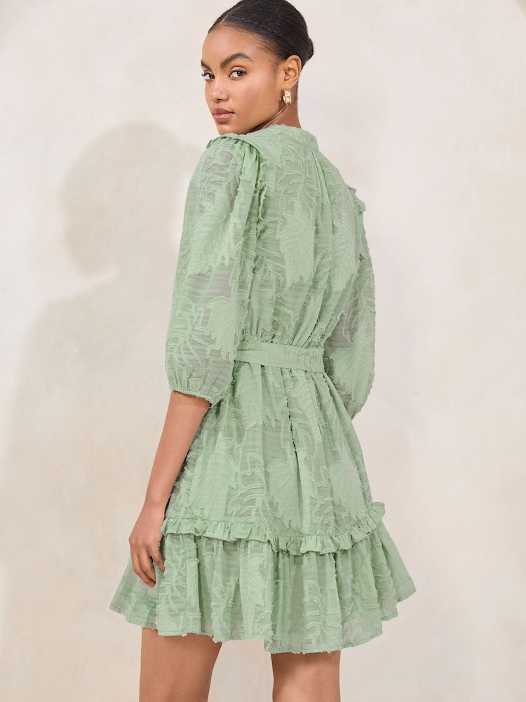 Lipsy Green Textured 3/4 Sleeve Belted Mini Shirt Dress - Image 4 of 4