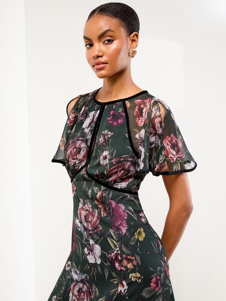 Lipsy Black Angel Sleeve Floral Print Velvet Tipped Midi Dress - Image 2 of 4