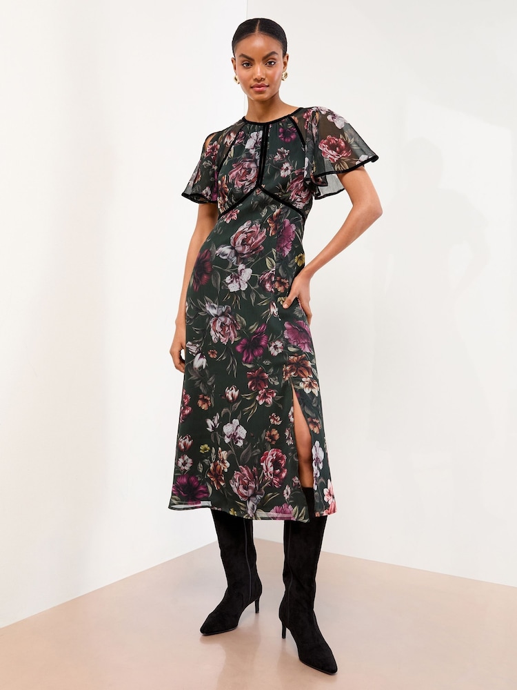 Negro - Vestido midi de cuello redondo con mangas abullonadas y estampado de Lipsy - Imagen 2 de 4 Negro - Vestido midi de cuello redondo con mangas abullonadas y estampado de Lipsy - Imagen 2 de 4