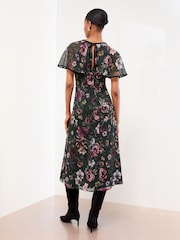 Lipsy Black Angel Sleeve Floral Print Velvet Tipped Midi Dress - Image 4 of 4