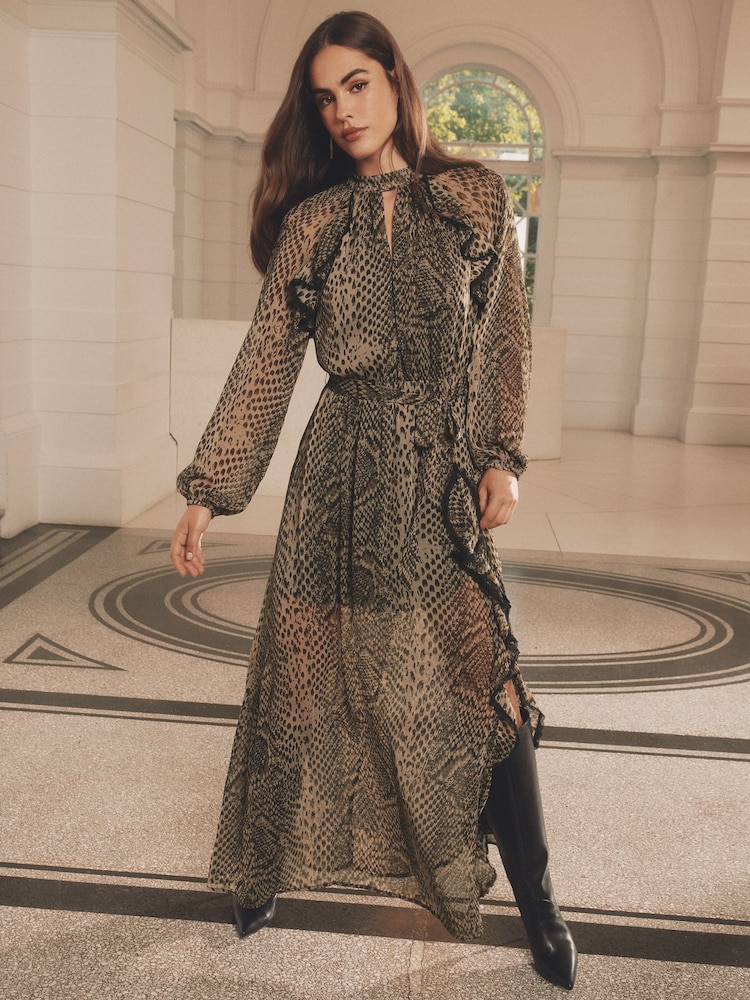 Khaki Green Snake Print Long Sleeve Ruffle Maxi Dress - Image 1 of 5