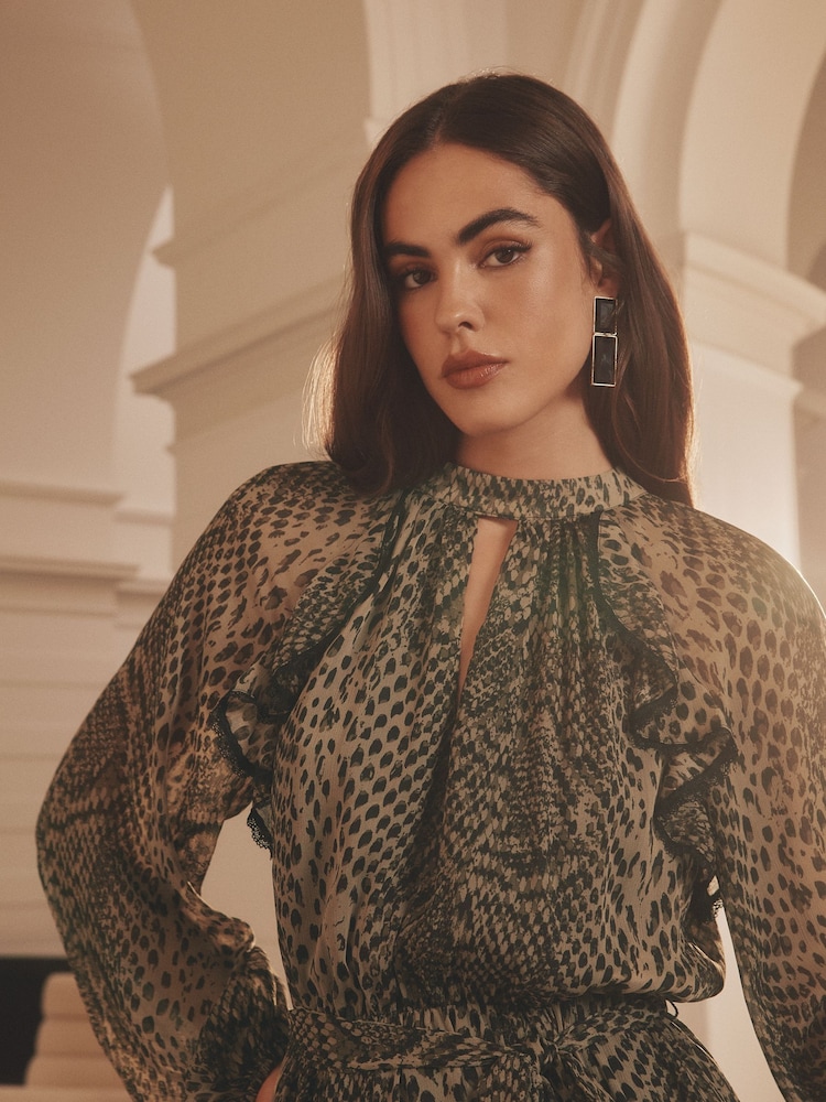 Khaki Green Snake Print Long Sleeve Ruffle Maxi Dress - Image 2 of 5