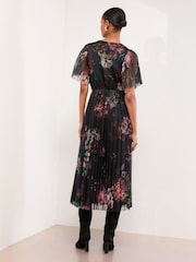 Lipsy Black Floral Pleated Mesh Short Sleeve V-Neck Midi Dress - Image 4 of 4