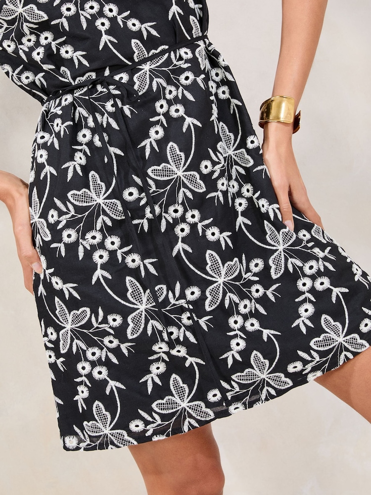 Lipsy Black/White Broderie Short Sleeve Mini Belted Shift Dress - Image 2 of 4