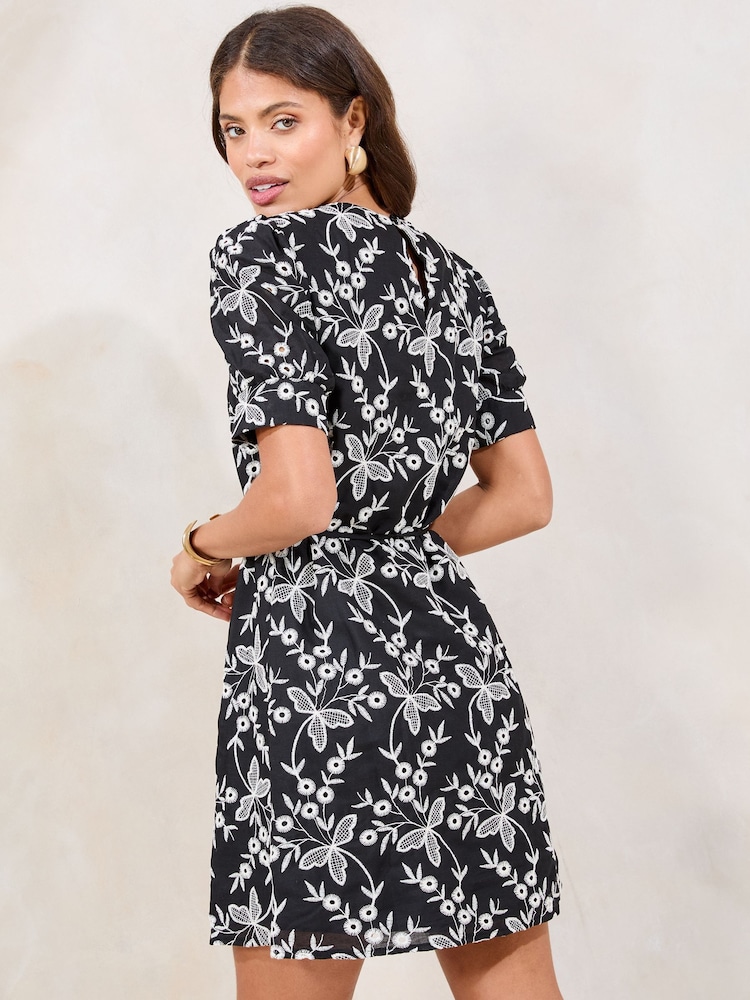 Lipsy Black/White Broderie Short Sleeve Mini Belted Shift Dress - Image 4 of 4