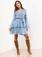 Lipsy Blue Long Sleeve V-Neck Ruffle Mini Dress - Image 1 of 4