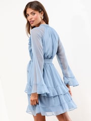 Lipsy Blue Long Sleeve V-Neck Ruffle Mini Dress - Image 4 of 4
