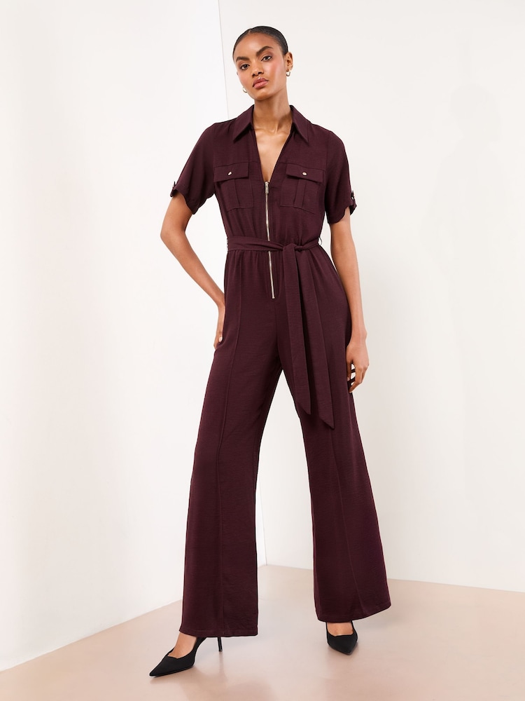 Lipsy Chocolate Brown Short Sleeve Utility Jumpsuit - Image 1 of 4