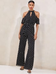 Lipsy Blue/White Polka Dot Cold Shoulder Jumpsuit - Image 1 of 5