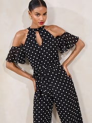 Lipsy Blue/White Polka Dot Cold Shoulder Jumpsuit - Image 2 of 5
