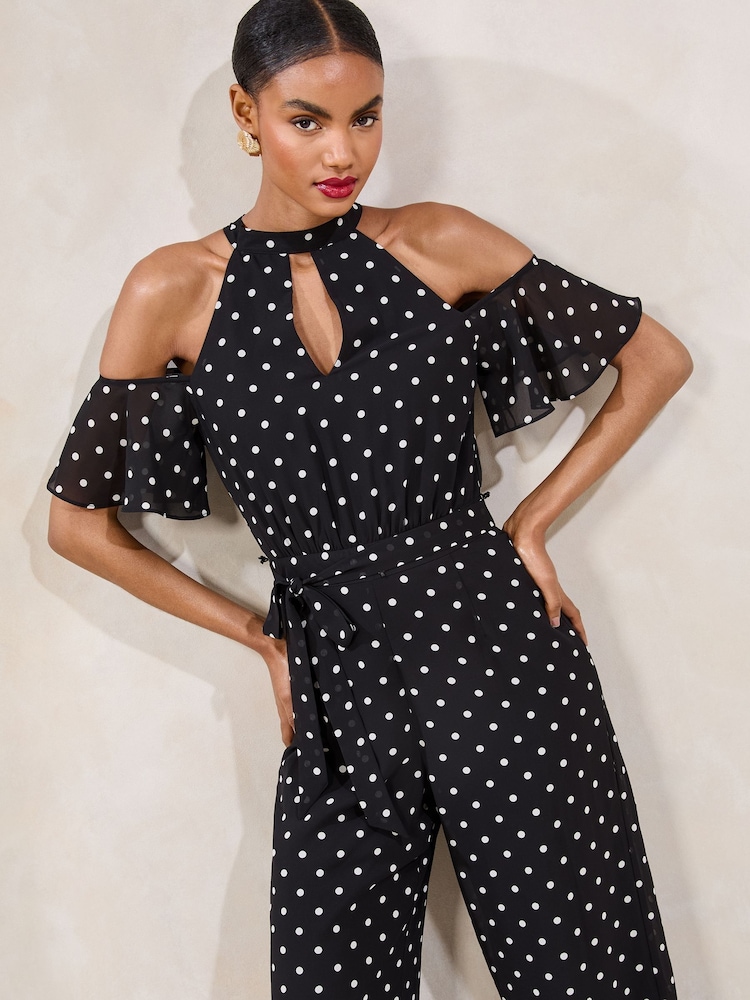 Lipsy Blue/White Polka Dot Cold Shoulder Jumpsuit - Image 2 of 5