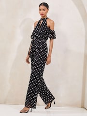 Lipsy Blue/White Polka Dot Cold Shoulder Jumpsuit - Image 3 of 5
