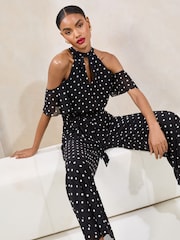 Lipsy Blue/White Polka Dot Cold Shoulder Jumpsuit - Image 4 of 5