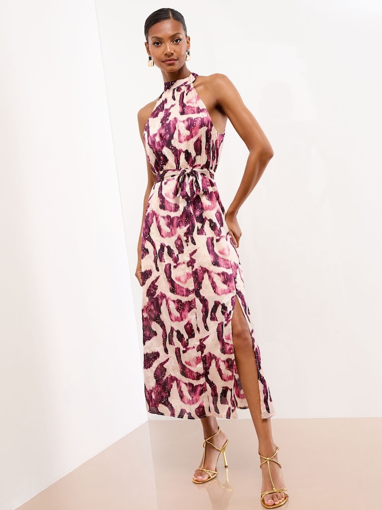 Lipsy Pink Printed Halter Neck Ruched Sleeveless Midi Dress - Image 1 of 5 Lipsy Pink Printed Halter Neck Ruched Sleeveless Midi Dress - Image 1 of 5