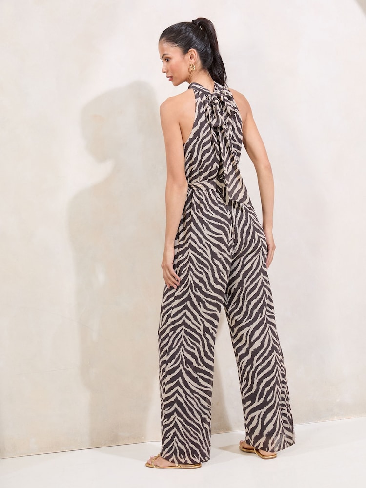 Lipsy Natural Zebra Printed Halter Neck Jumpsuit - Image 4 of 4
