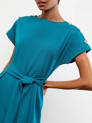 Lipsy Teal Blue Military Button Tie Belt Mini Shift Dress - Image 3 of 4