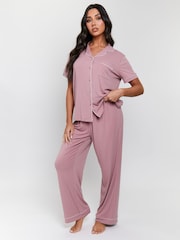 Loungeable Pink Rib Short Sleeve Traditional Shirt and Long Pyjamas - Image 1 of 5