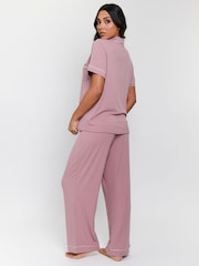Loungeable Pink Rib Short Sleeve Traditional Shirt and Long Pyjamas - Image 2 of 5