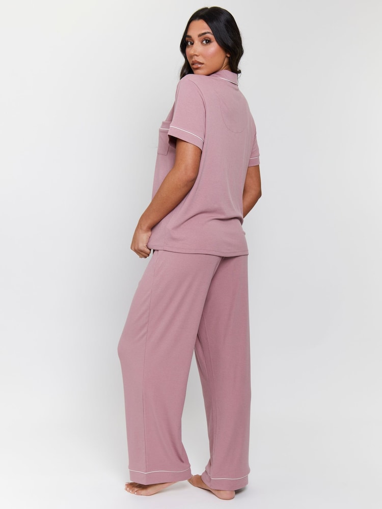 Loungeable Pink Rib Short Sleeve Traditional Shirt and Long Pyjamas - Image 2 of 5