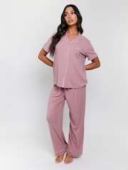 Loungeable Pink Rib Short Sleeve Traditional Shirt and Long Pyjamas - Image 3 of 5