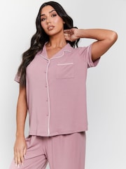 Loungeable Pink Rib Short Sleeve Traditional Shirt and Long Pyjamas - Image 4 of 5
