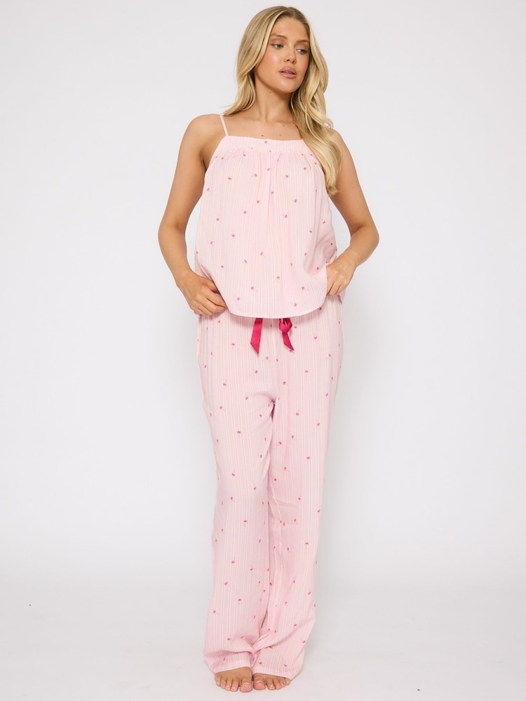 Loungeable Pink Striped Palm Tie Shoulder Cami and Trousers - Image 4 of 4