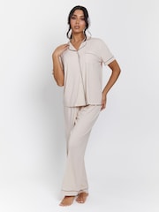 Loungeable Cream Rib Short Sleeve Traditional Shirt and Long Pyjamas - Image 1 of 4