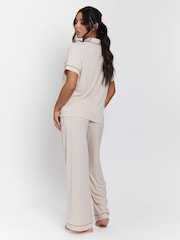 Loungeable Cream Rib Short Sleeve Traditional Shirt and Long Pyjamas - Image 2 of 4
