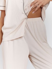 Loungeable Cream Rib Short Sleeve Traditional Shirt and Long Pyjamas - Image 3 of 4